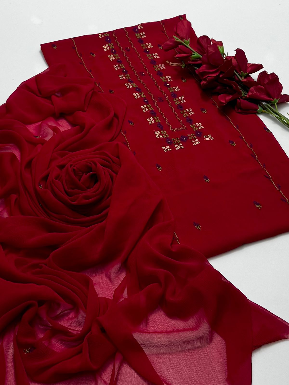 Bamber Chiffon Handmade Cross Stitch Work Neck Line Style 2 PC Unstiched