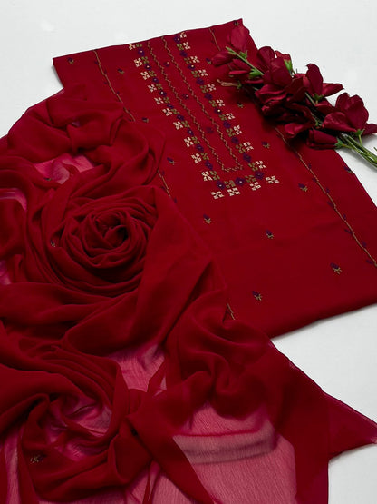 Bamber Chiffon Handmade Cross Stitch Work Neck Line Style 2 PC Unstiched