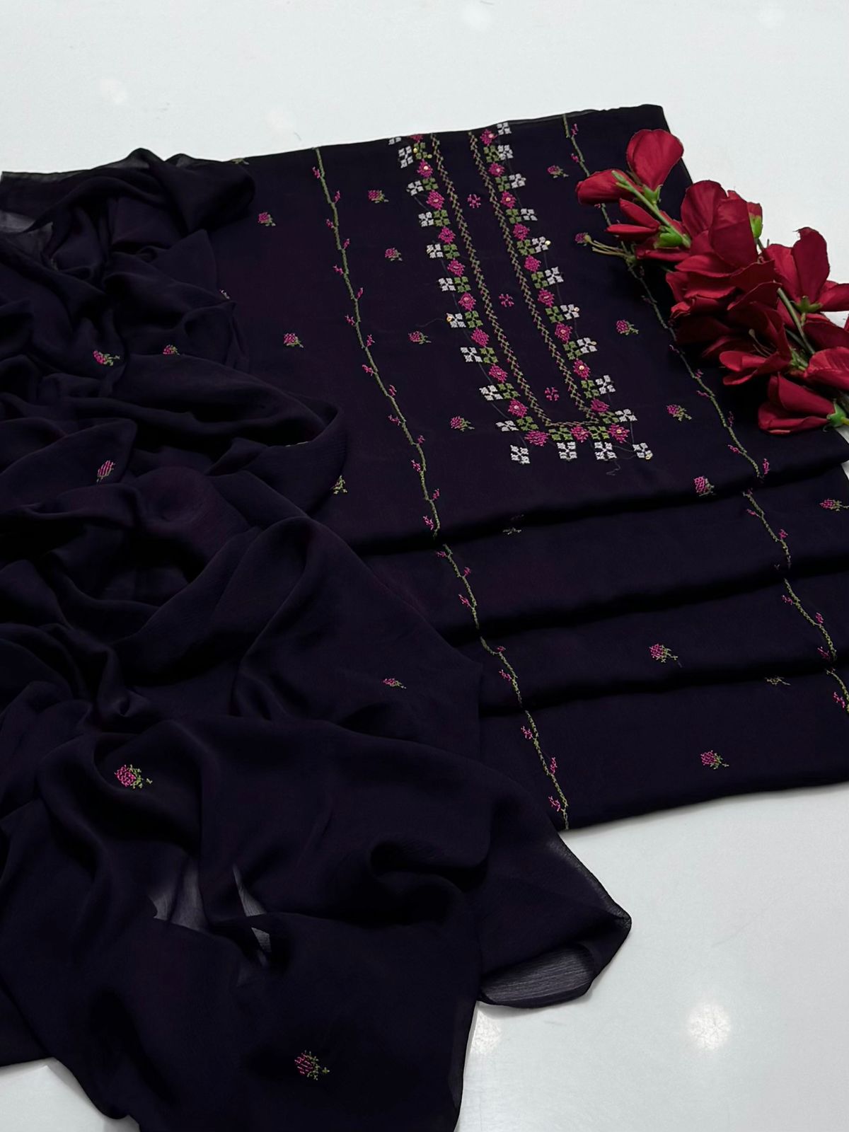 Bamber Chiffon Handmade Cross Stitch Work Neck Line Style 2 PC Unstiched