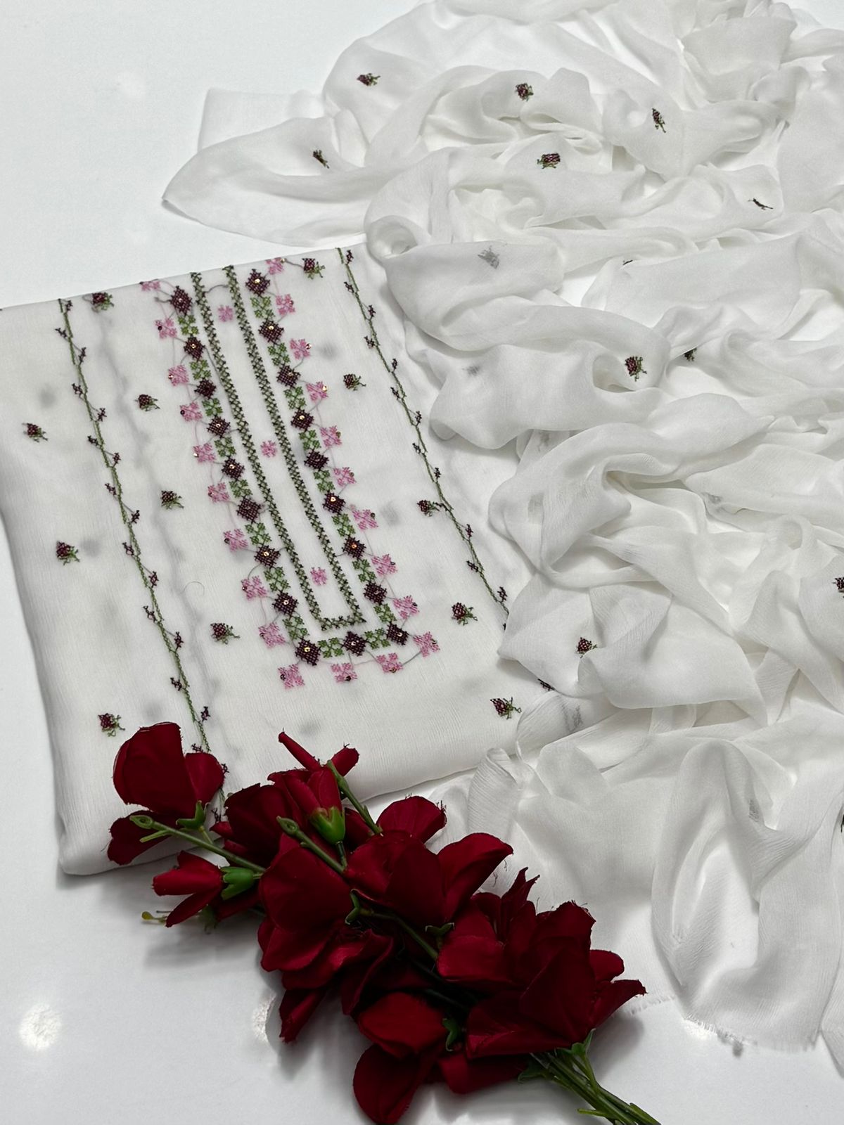 Bamber Chiffon Handmade Cross Stitch Work Neck Line Style 2 PC Unstiched