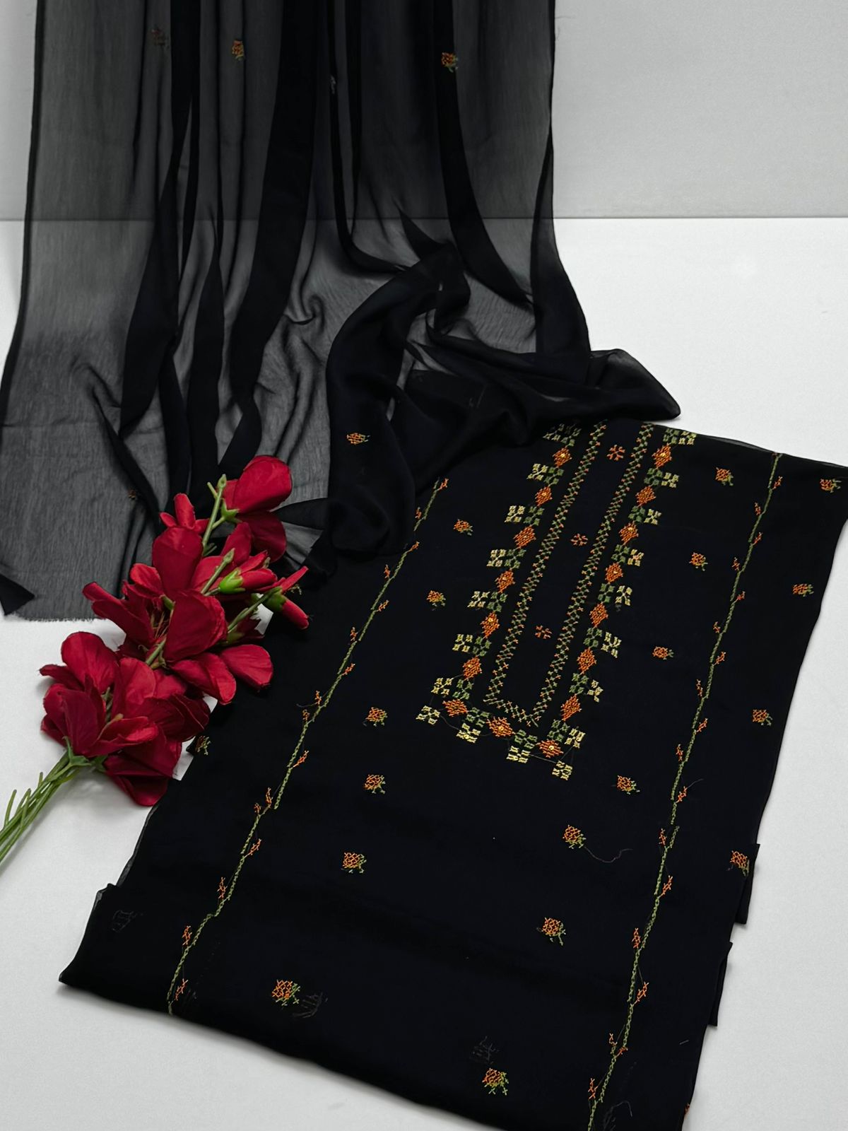 Bamber Chiffon Handmade Cross Stitch Work Neck Line Style 2 PC Unstiched