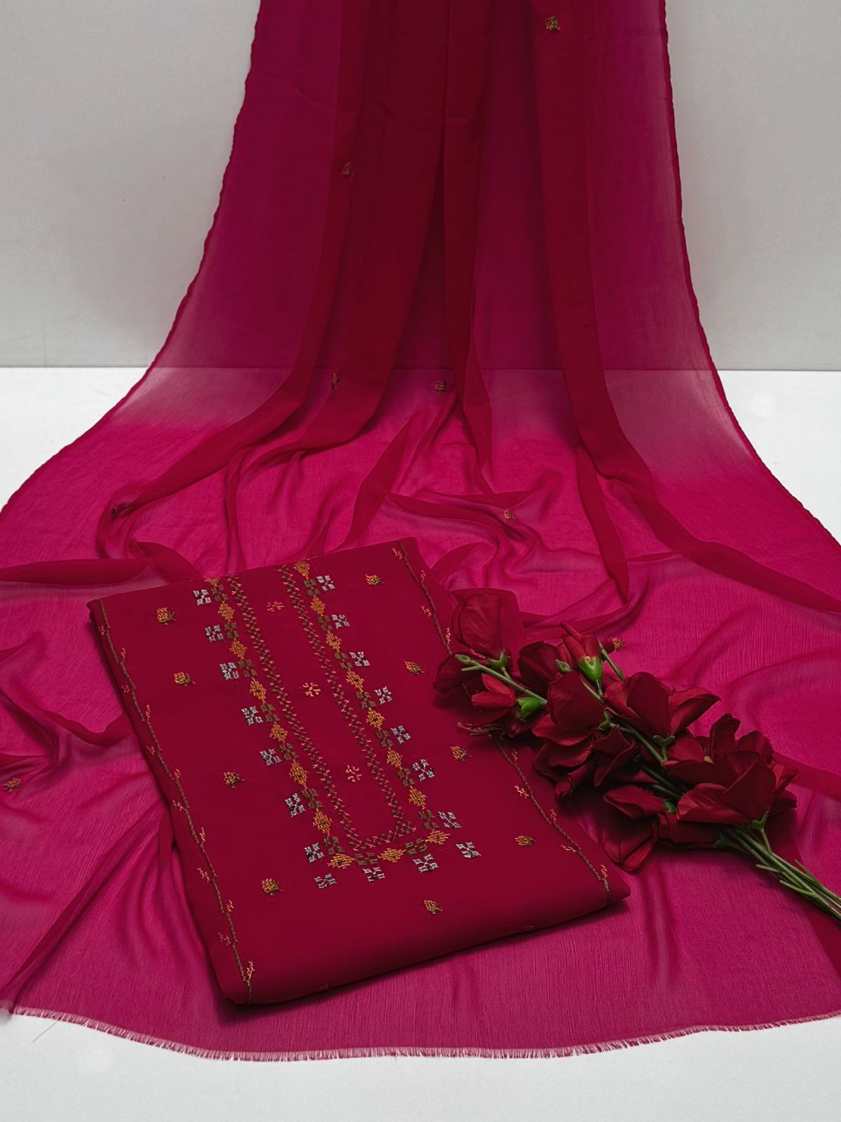 Bamber Chiffon Handmade Cross Stitch Work Neck Line Style 2 PC Unstiched