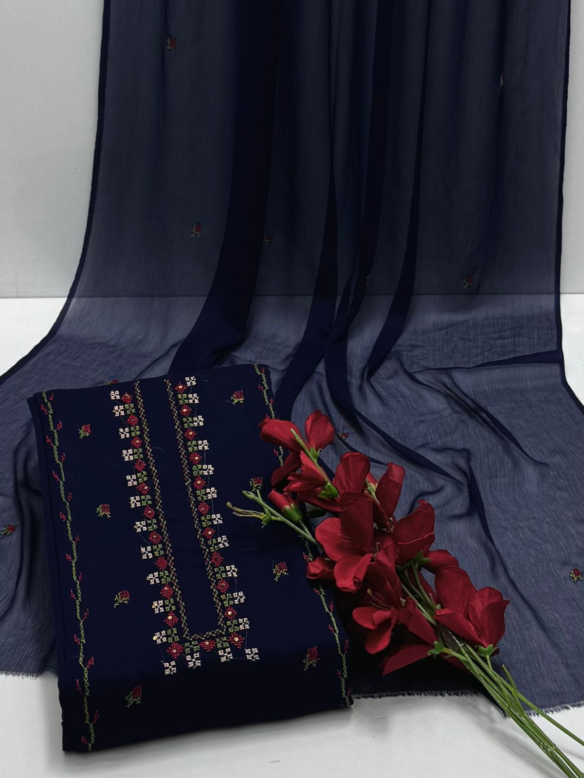 Bamber Chiffon Handmade Cross Stitch Work Neck Line Style 2 PC Unstiched