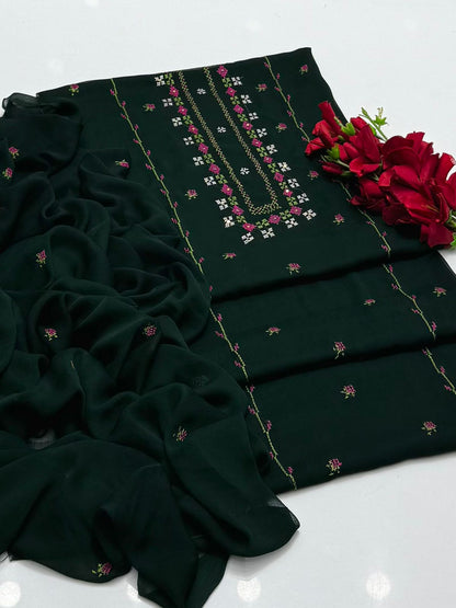 Bamber Chiffon Handmade Cross Stitch Work Neck Line Style 2 PC Unstiched