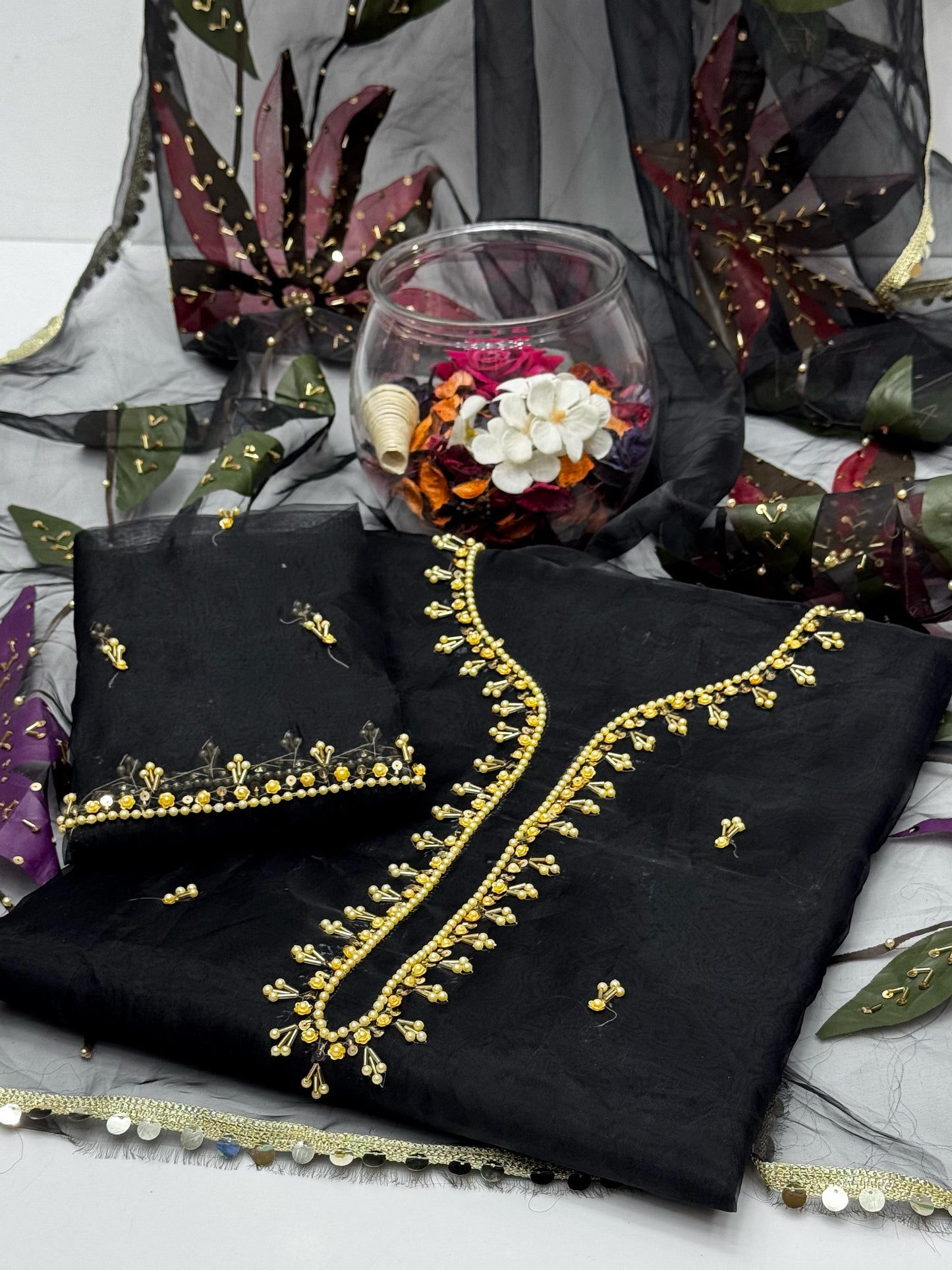 Organza stones and zari beads work with oil Paint Dupatta 2 PC