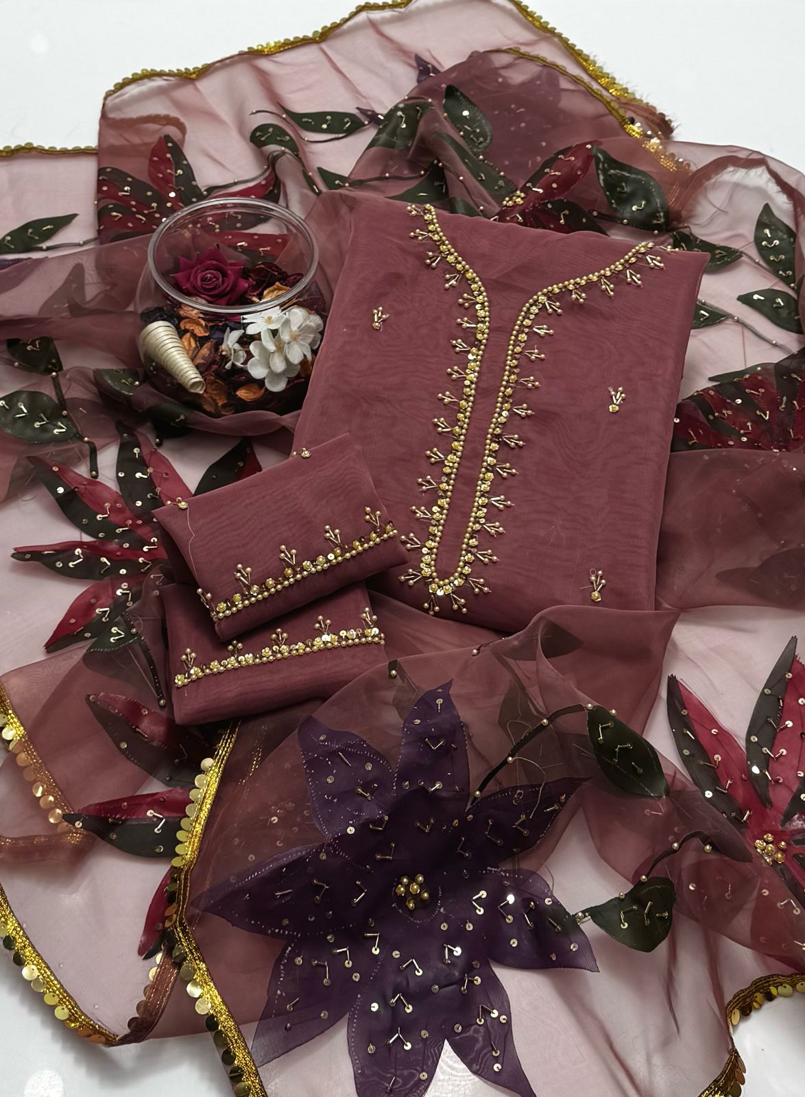 Organza stones and zari beads work with oil Paint Dupatta 2 PC