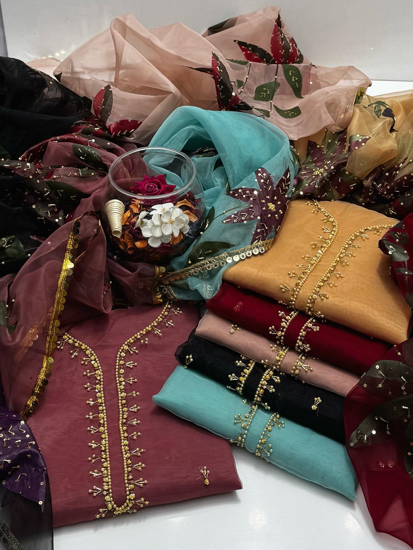 Organza stones and zari beads work with oil Paint Dupatta 2 PC