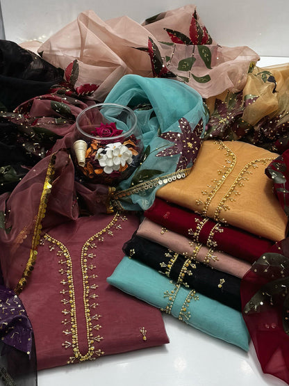 Organza stones and zari beads work with oil Paint Dupatta 2 PC