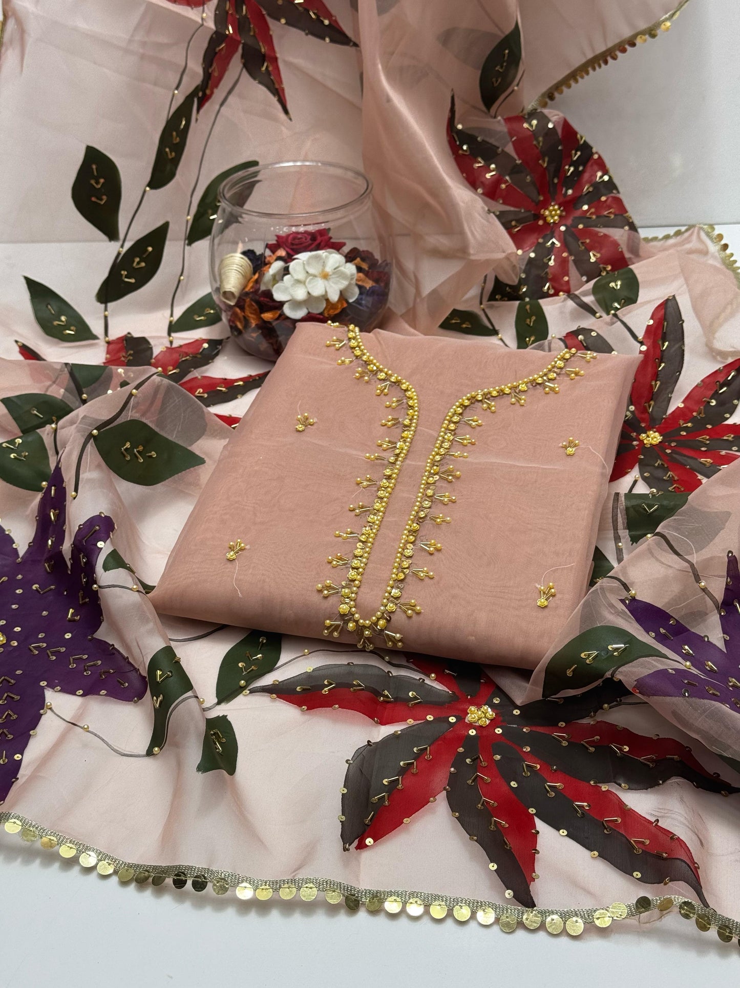 Organza stones and zari beads work with oil Paint Dupatta 2 PC