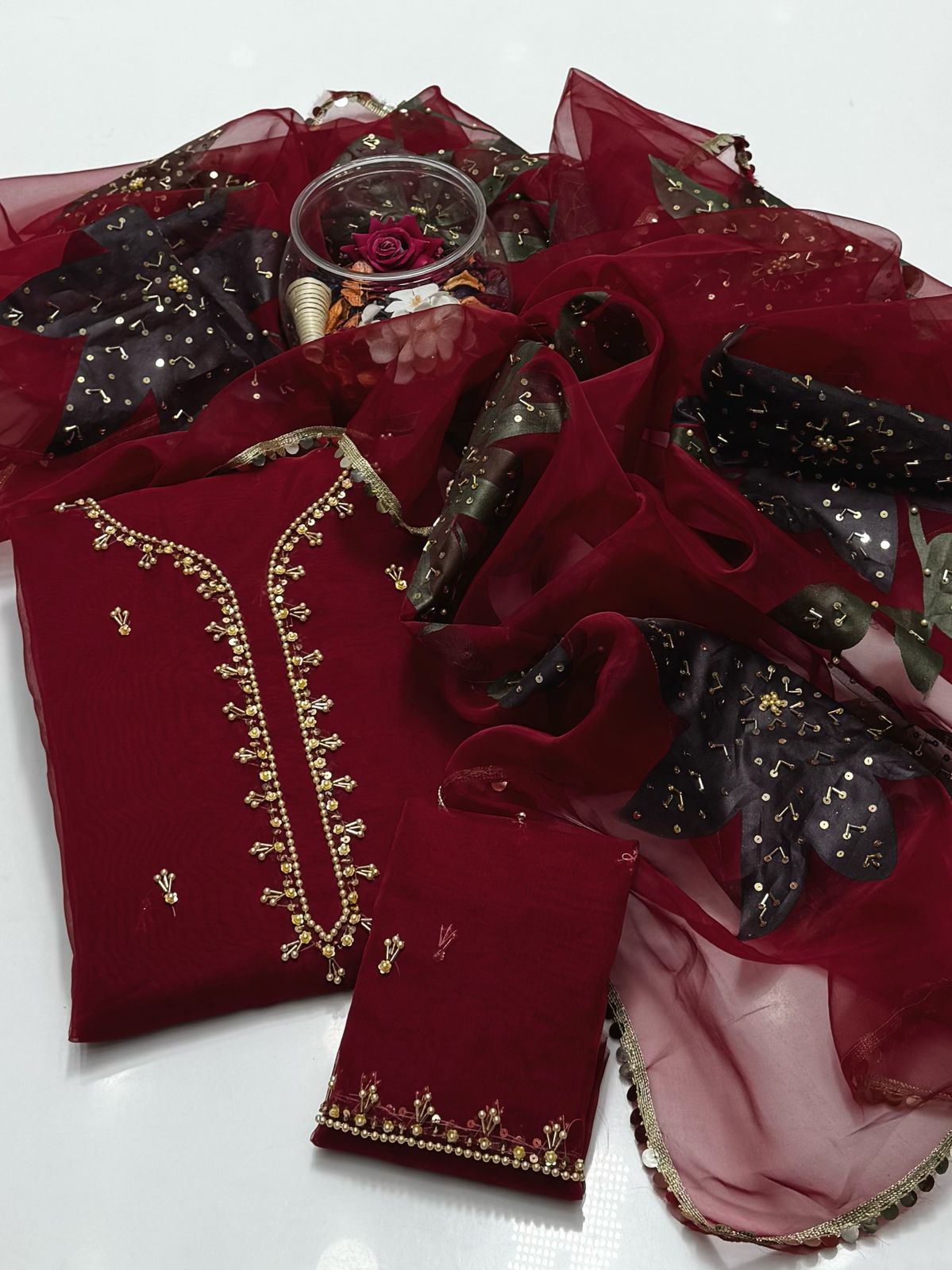 Organza stones and zari beads work with oil Paint Dupatta 2 PC