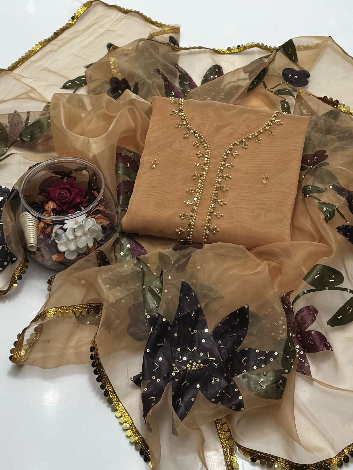 Organza stones and zari beads work with oil Paint Dupatta 2 PC