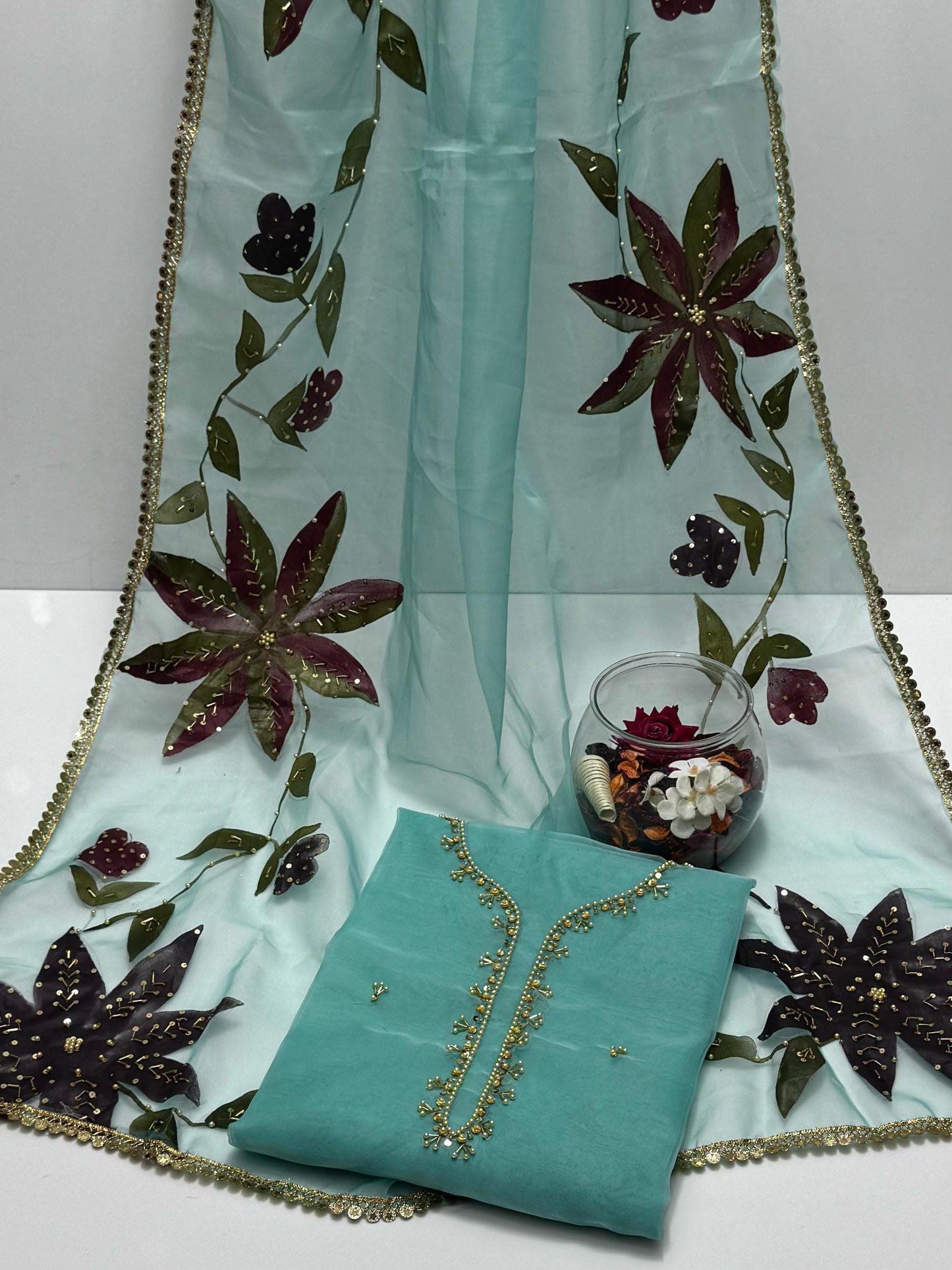 Organza stones and zari beads work with oil Paint Dupatta 2 PC